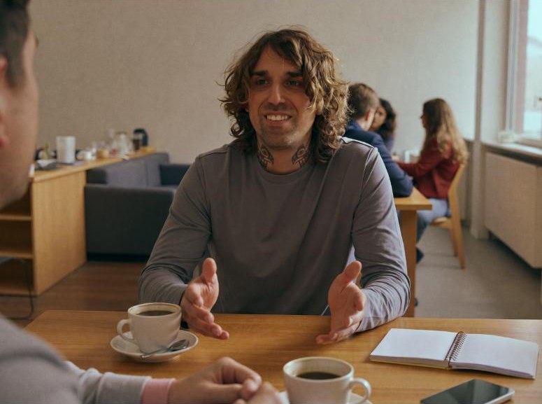 Gio Georgiou in a mentoring conversation at a café table